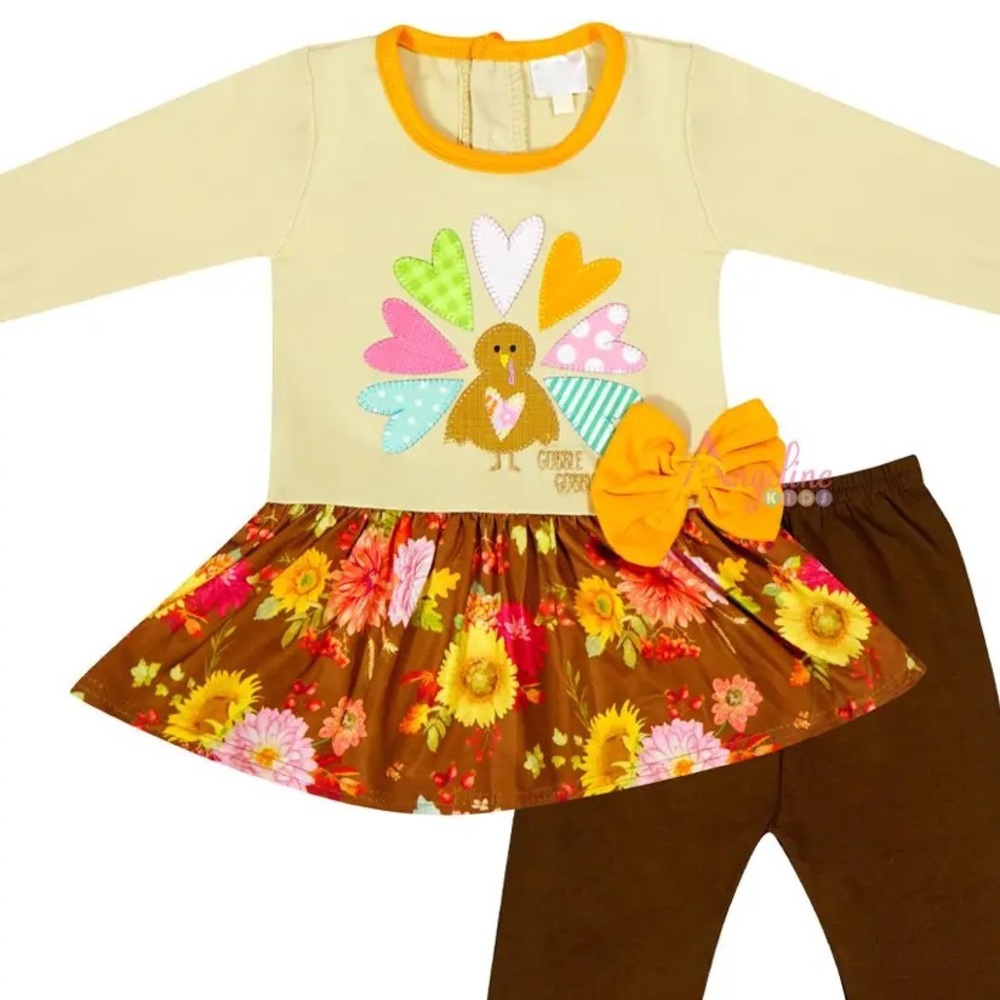 Baby Toddler Little Girls Thanksgiving Gobble Turkey Skirted Top Pant Set